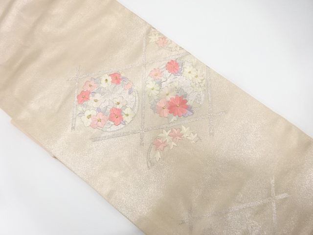 斜め格子に花丸模様　刺繍　名古屋帯